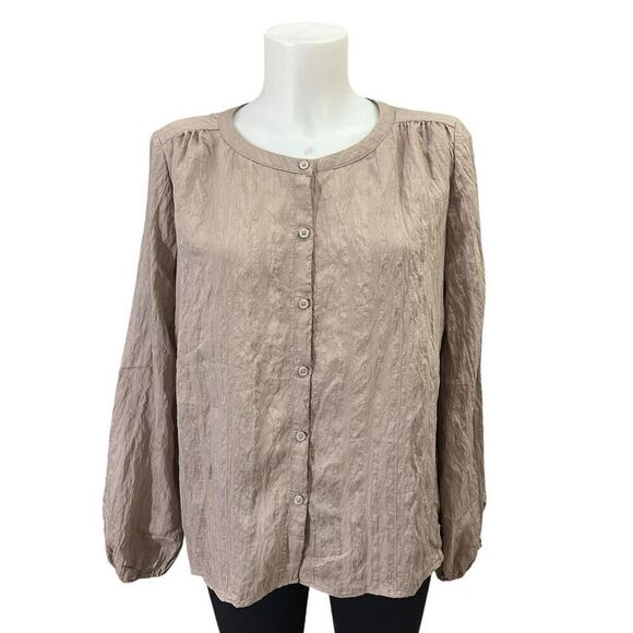 Ann Taylor Brown Button Front Longsleeve Blouse Oversized Relaxed Fit sz Small - Picture 1 of 8